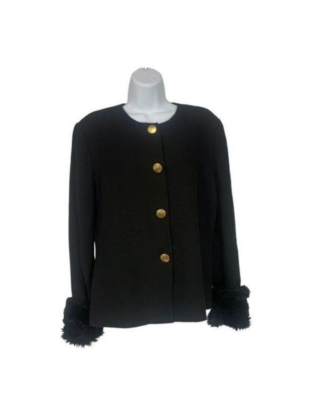 Brownstone Studio Womens Black Jacket Size 12 Faux Fur Cuffs Gold Button Detail